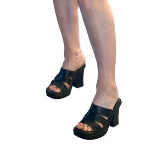 Y2K 90s Boho MIA Madden Chunky Leather Platform Slide Sandal Black Lug Sole 6.5